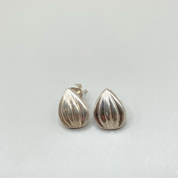 Silver Ridged Teardrop Post Earrings - Picture 2 of 4